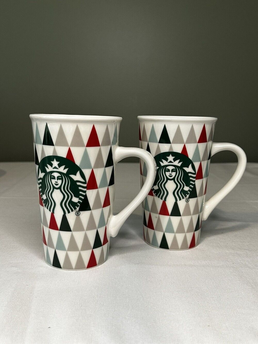 Starbucks Holiday Christmas Tree Triangle Tall Coffee Cup Mug 16oz Set of 2